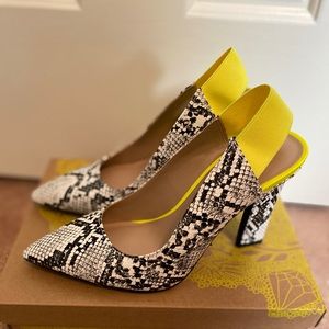 Black/White Snake Print Pump with Yellow Strap
